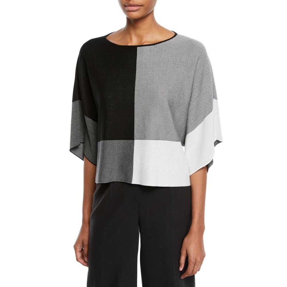 Eileen Fisher Half-Sleeve Colorblock Black/White Thick Fine Knit Sweater Size M